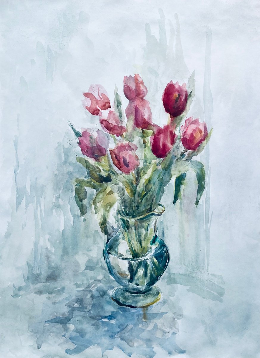 Impressionistic Watercolour , Tulips In Vase! 19X25 In By Elena Klyan, 22 X 30, Artwork For Sale On Artfinder