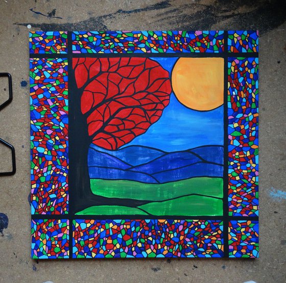 Red tree with stained glass landscape