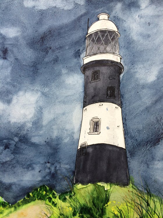 Landscape watercolor painting - Lighthouse and thunderstorm sky mixed media artwork - Gift idea for him     Gift idea