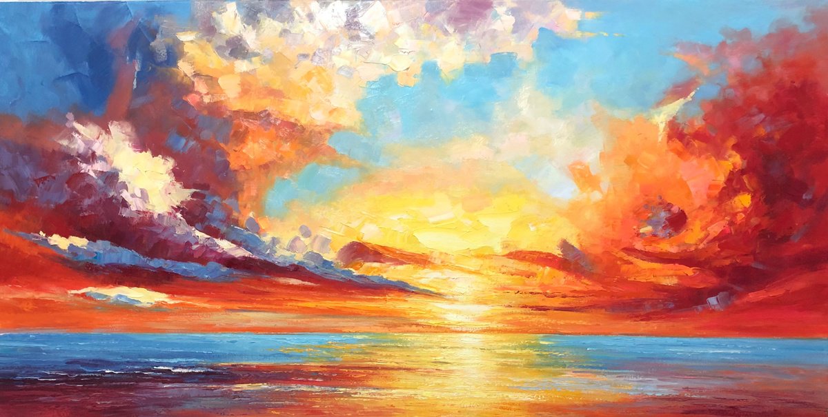 Abstract Acrylic Painting By Jianzhe Chon, 55 X 28, Sky Abstract Z035, Original Artwork