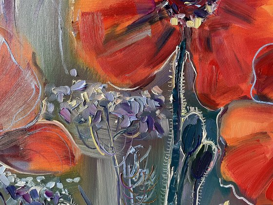 "Red poppies on the field". Oil painting.