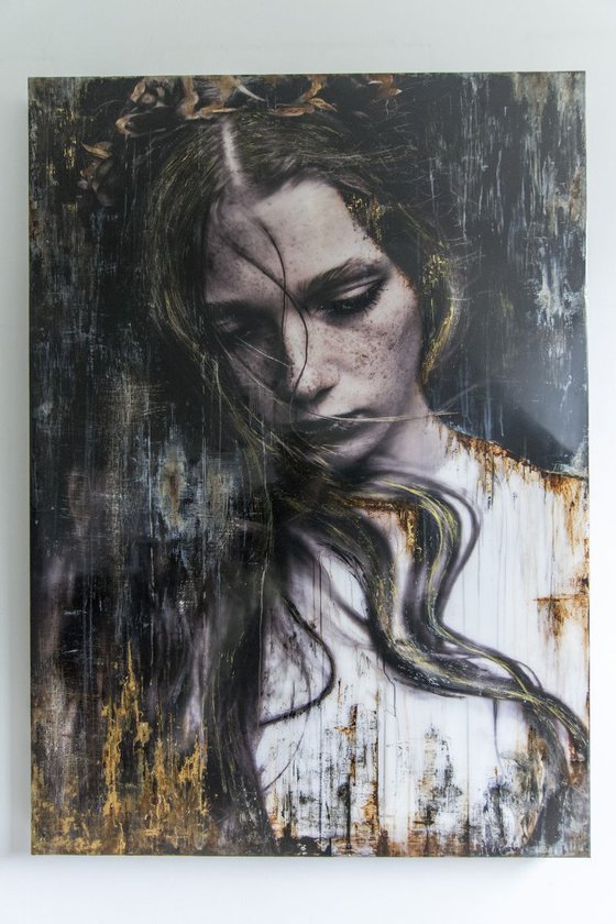 "Dreamworld" (140x100x5cm) XL portrait artwork on wood (abstract, portrait, original, epoxy, painting)