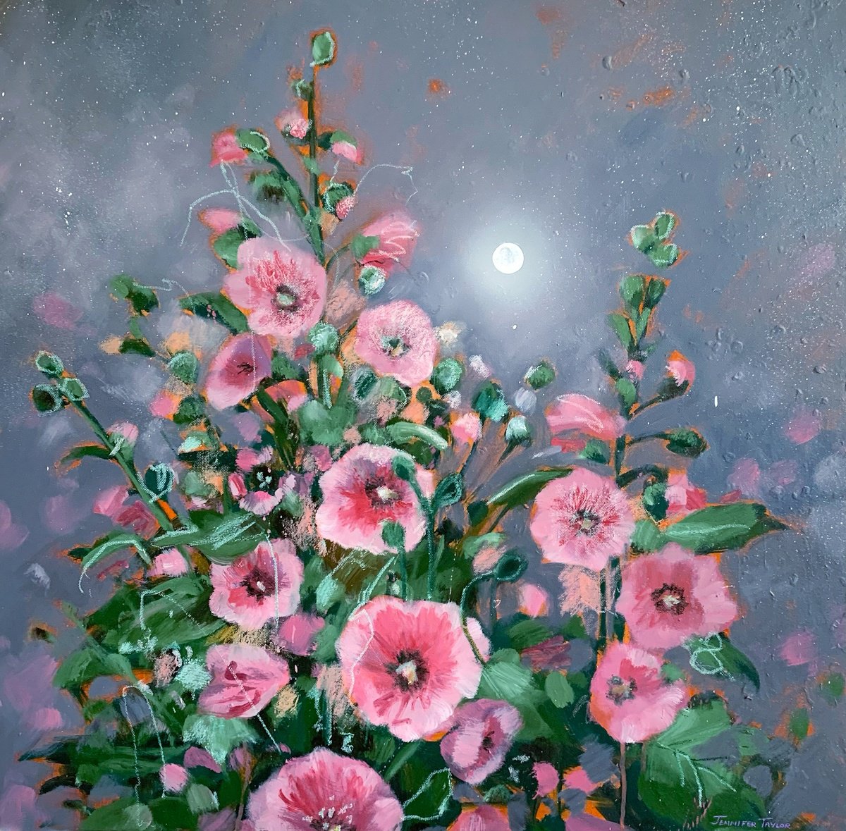 Hollyhocks Under The Moon by Jennifer Taylor