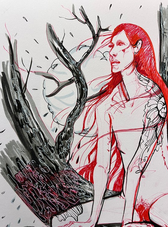 It rained everywhere. Woman in tree