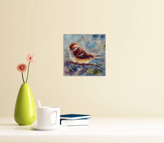 Small ready to hang painting of sparrow