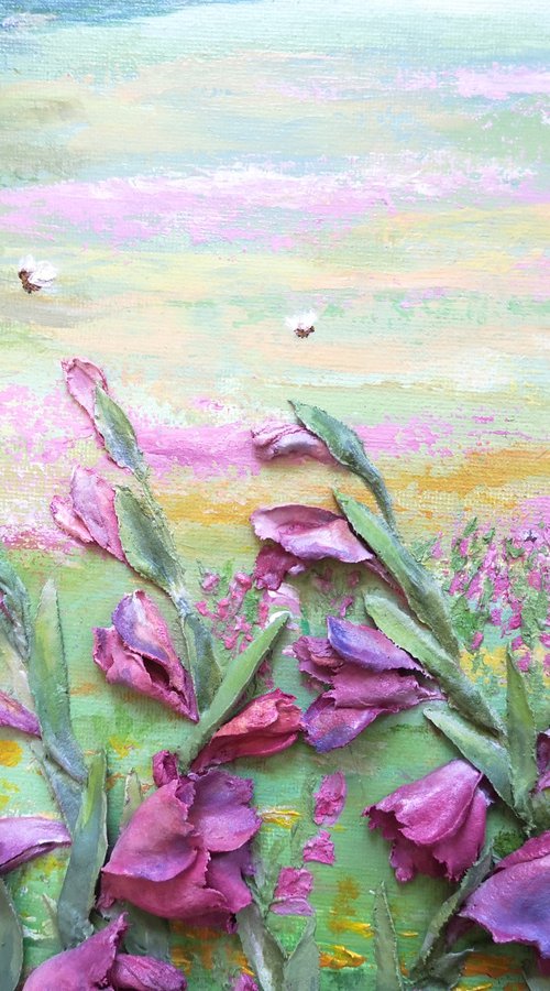 Summer landscape blooming meadow with pink gladioli-three-dimensional flowers in an acrylic painting-wildflowers, river, forest, swallows-60x40x2 cm by Irina Stepanova