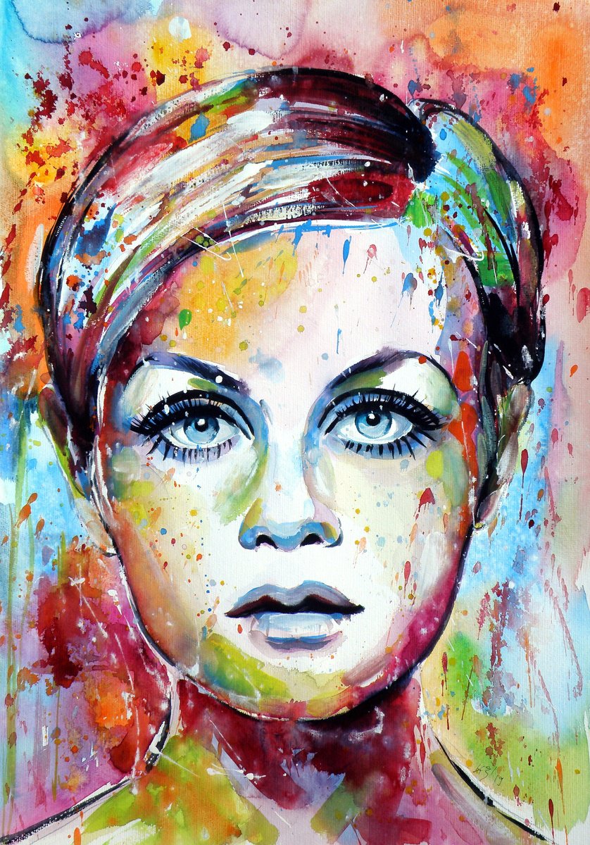 Expressive Portrait Watercolour By Kovacs Anna Brigitta, 20 X 28", Twiggy Iv, Original Artwork