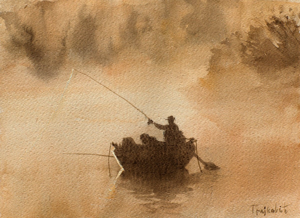 Impressionistic Landscape Watercolour By Dejan Trajkovic, 12 X 9, The Fisherman, Original Artwork