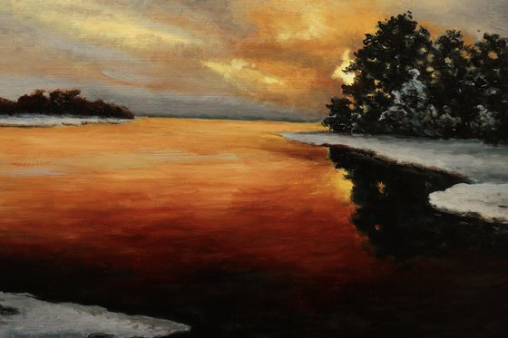Winter. Pink sunset