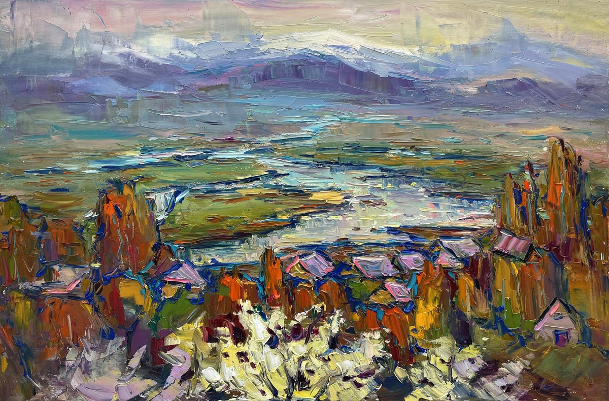 Impressionistic Landscape Oil Painting By Evgeny Chernyakovsky, 24 X 16, Sunset By The River, Original Artwork