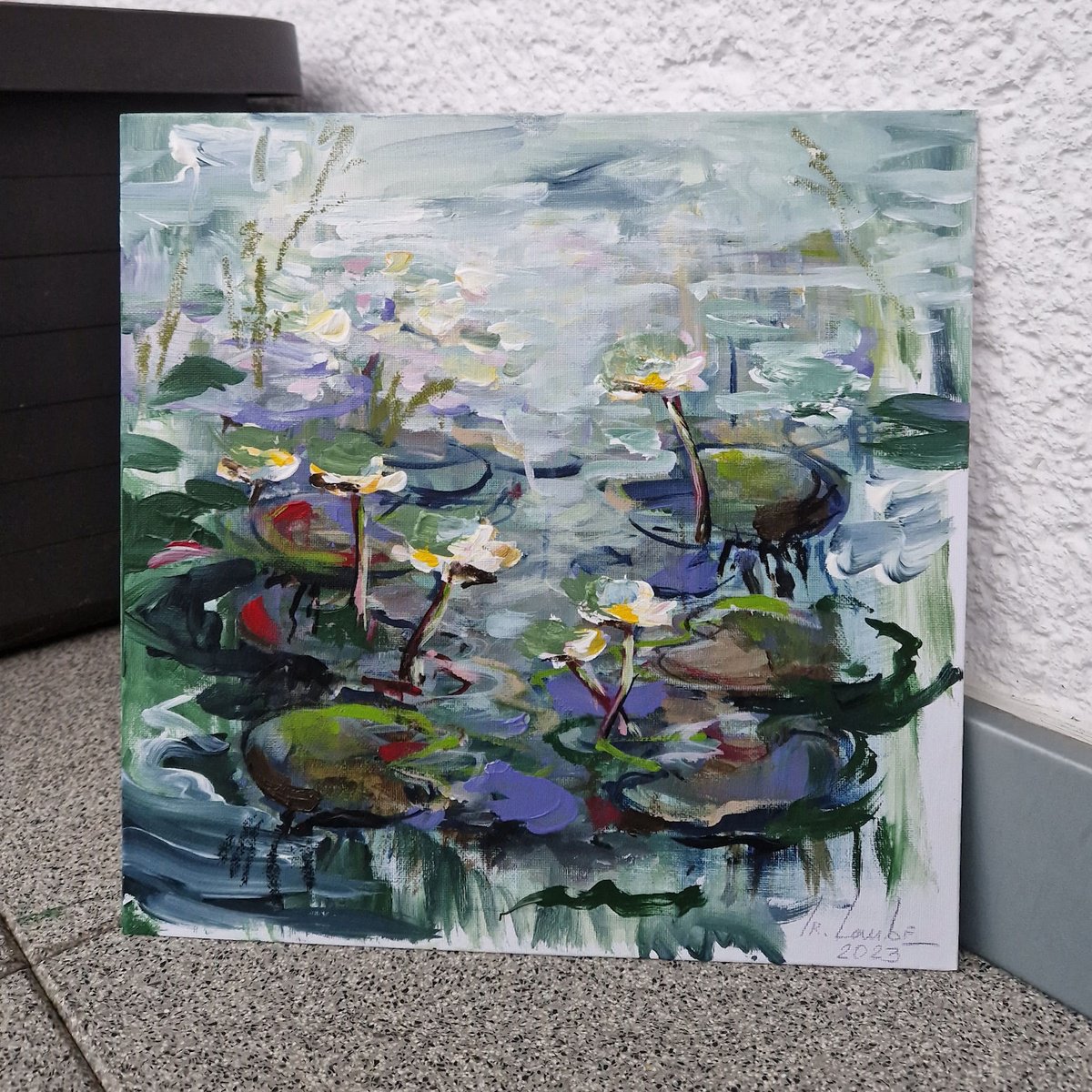 Impressionistic Botanical Acrylic Painting By Irina Laube, 12 X 12, Water Lilies 2, Original Artwork