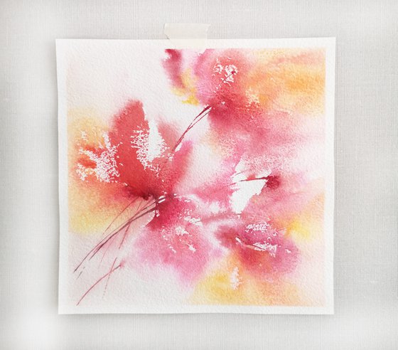 Red abstract flowers, small watercolor painting