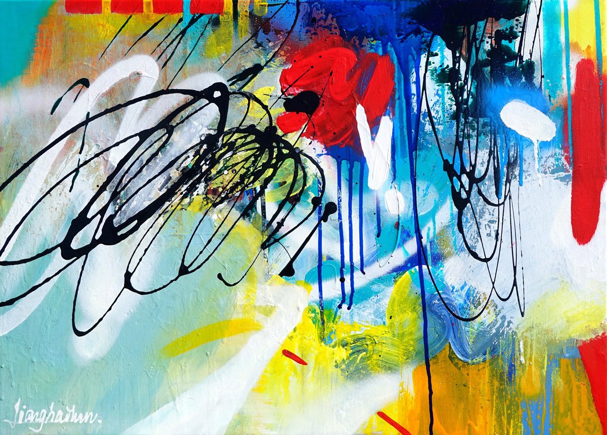 Abstract Acrylic Painting By Liang Hailun, 28 X 20", N°163, Original Artwork