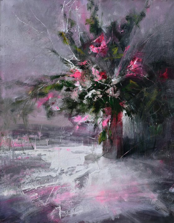 " Vase of pink flowers " W 97 x H 121 cm