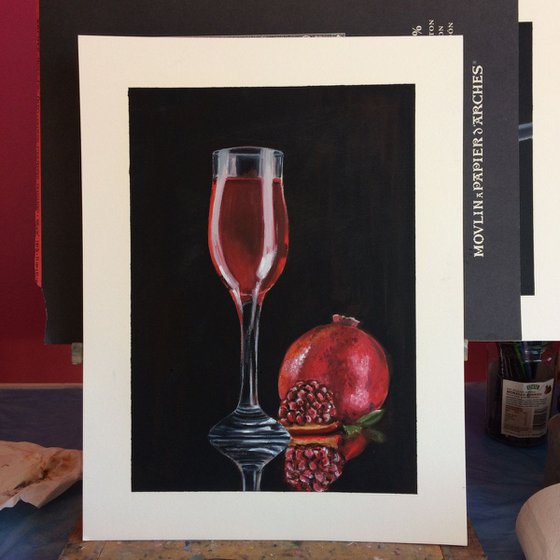 Still life with wine and pomegranate
