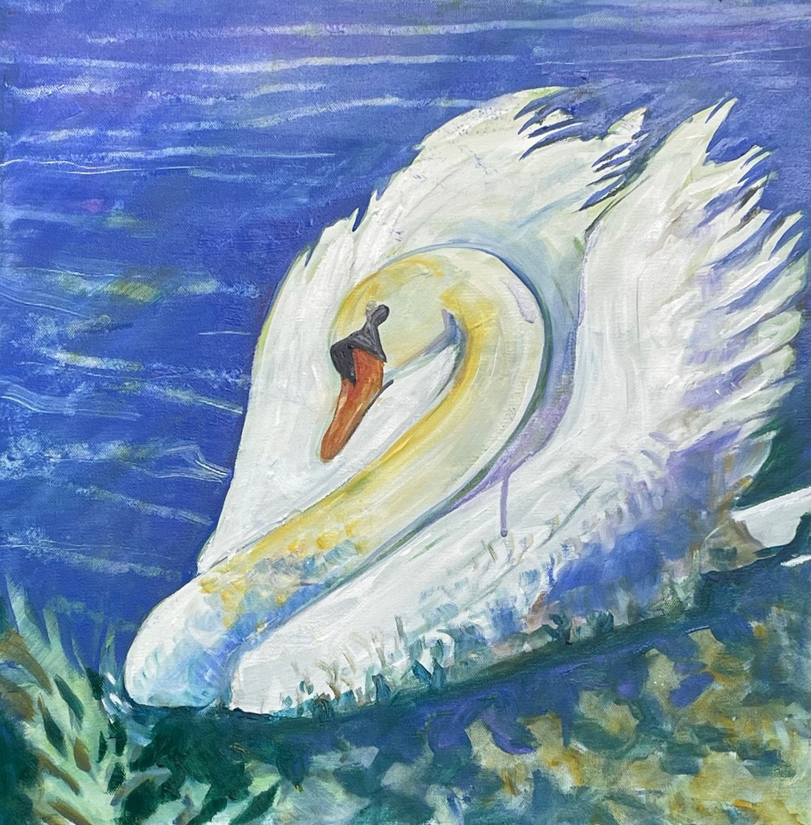 Impressionistic Animal Acrylic Painting By Eliry Arts, 20 X 20, Resting Swan, Original Artwork