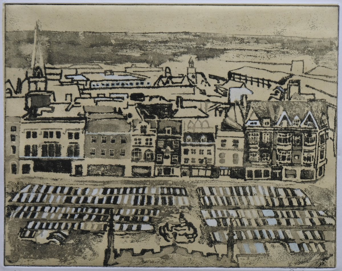 Impressionistic Cityscapes Etchings & Engravings By Peg Morris, 14 X 12", Market Square, Cambridge, Original Artwork