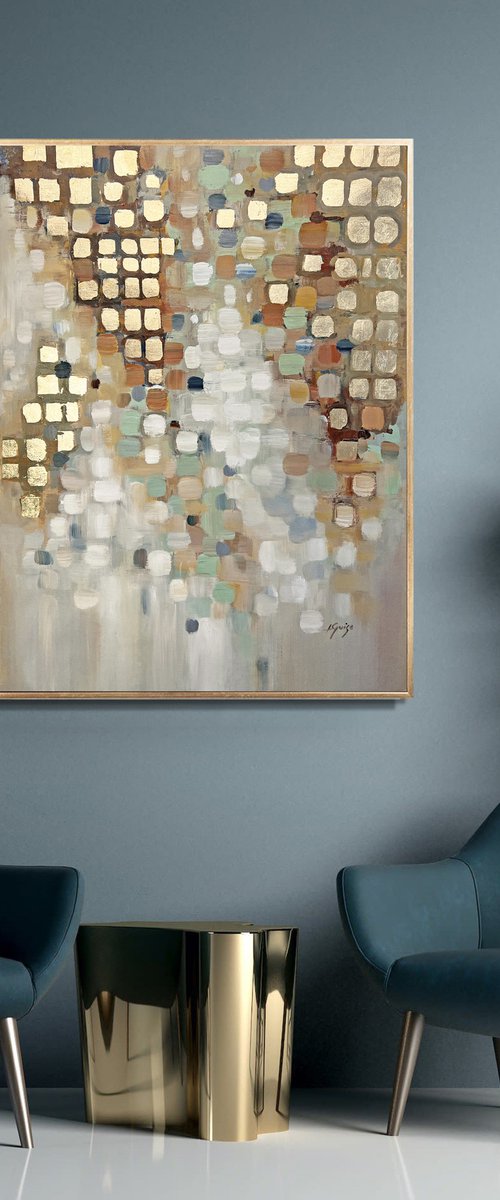 Mirage - Gold Cubes Abstract Painting, Gold Leaf Soft Pastel Colors, Original Painting, Modern Art, Living Room Decor Texture Acrylic Painting by Lana Guise