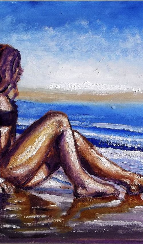 SEASIDE GIRL - THE HOPE - Thick oil painting - 42x29.5cm by Wadih Maalouf