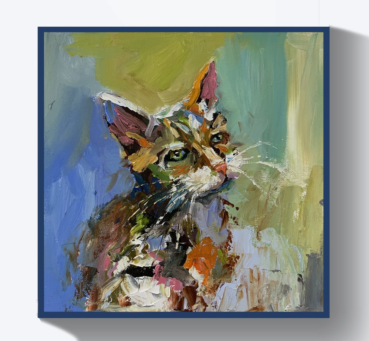 Impressionistic Animal Oil Painting By Vita Schagen, 10 X 10", Colorful Cat Portrait., Original Artwork