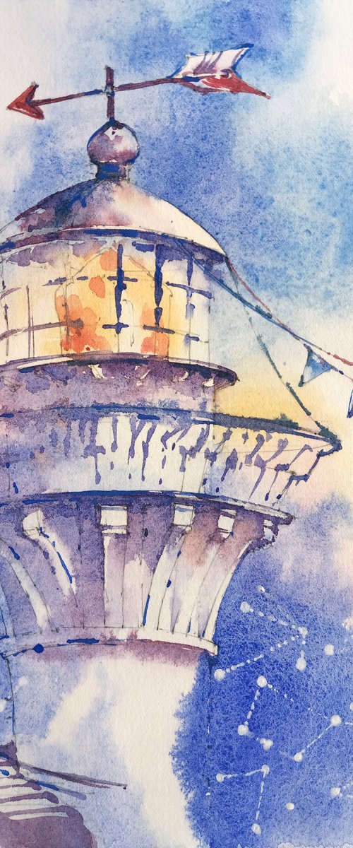 "Lighthouse on the background of the sunset sky" original watercolor by Ksenia Selianko
