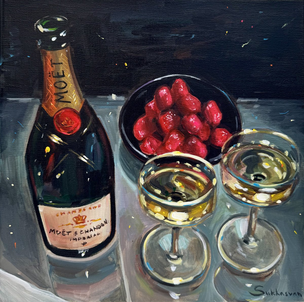 Impressionistic Still Life Acrylic Painting By Victoria Sukhasyan, 12 X 12", Champagne And Strawberries, Original Artwork
