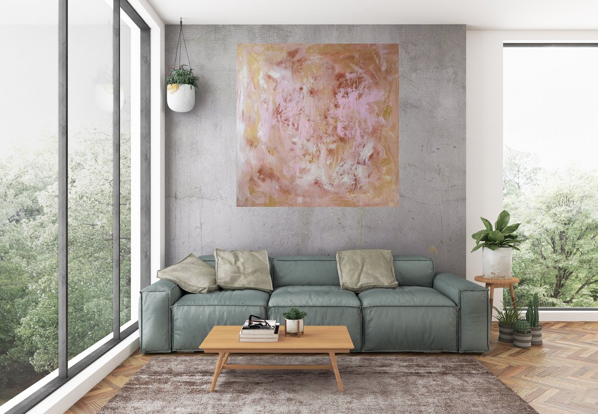 Love is in the air - golden, copper, pink abstract painting by Ivana Olbricht