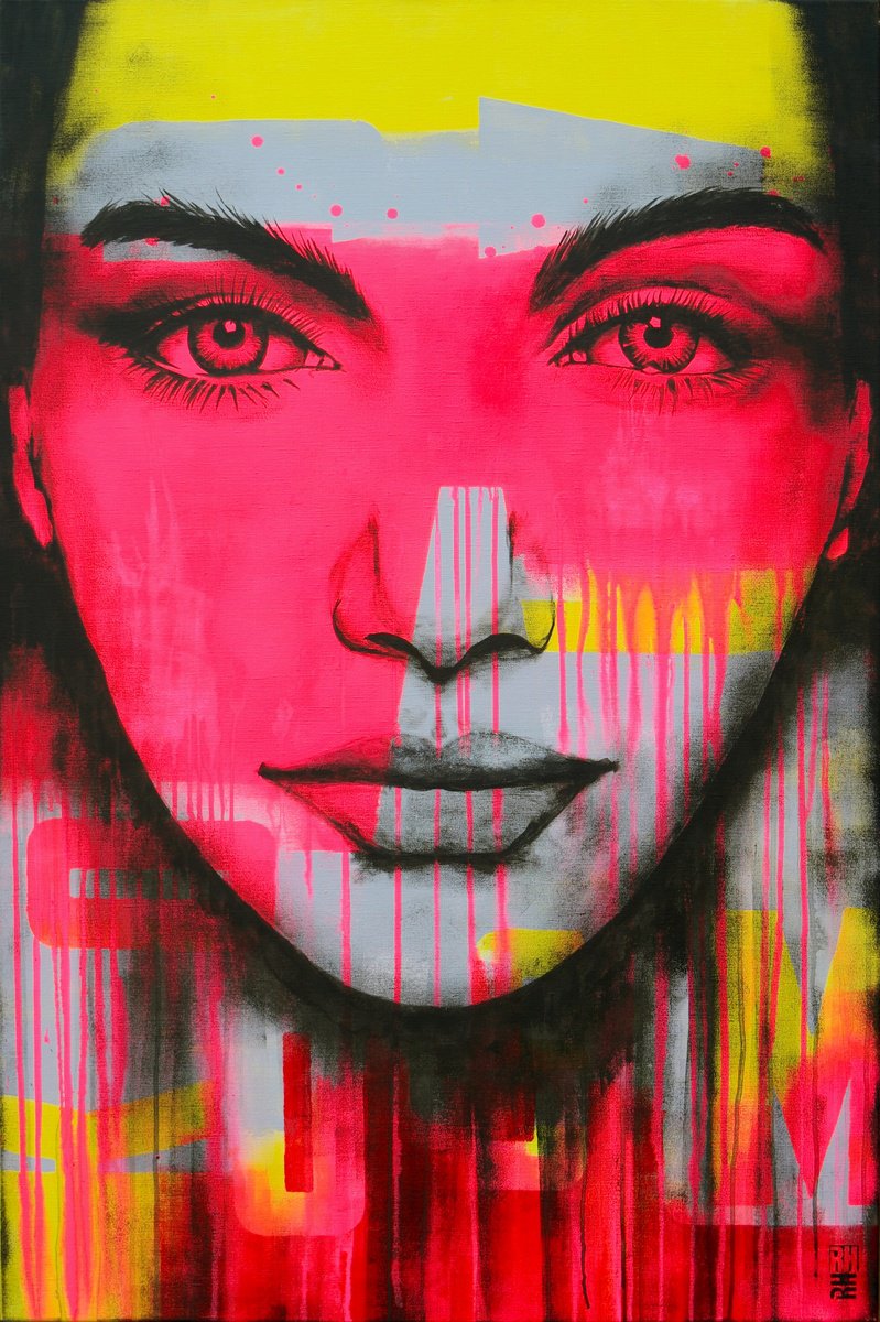 Urban And Pop Portrait Acrylic Painting By Ronald Hunter, 31 X 47", Bright Eyes, Original Artwork
