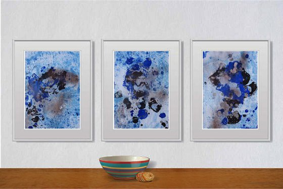 Set of 3 Fluid abstract original paintings on paper A4 - 18J001