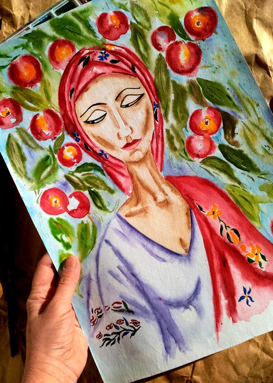 Female Painting Portrait Original Art Ukrainian Woman Watercolor Apple Tree Artwork Red Apples Home Wall Art 12 by 17" by Halyna Kirichenko