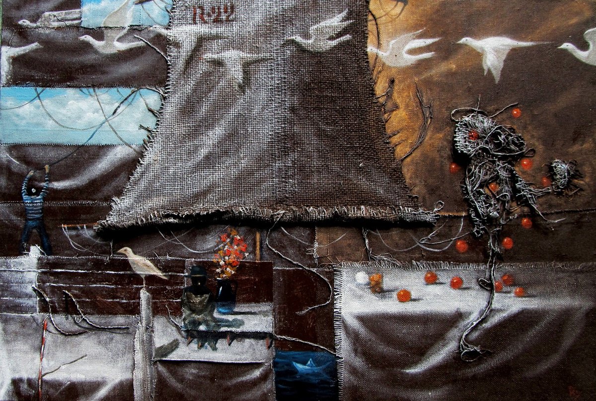 Surrealistic Still Life Oil Painting By Serhiy Roy, 22 X 15", Still Life With Birds, Original Artwork