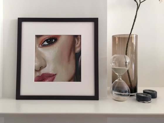 Lauren - beauty oil painting of women female on paper grey and orange tones makeup closeup
