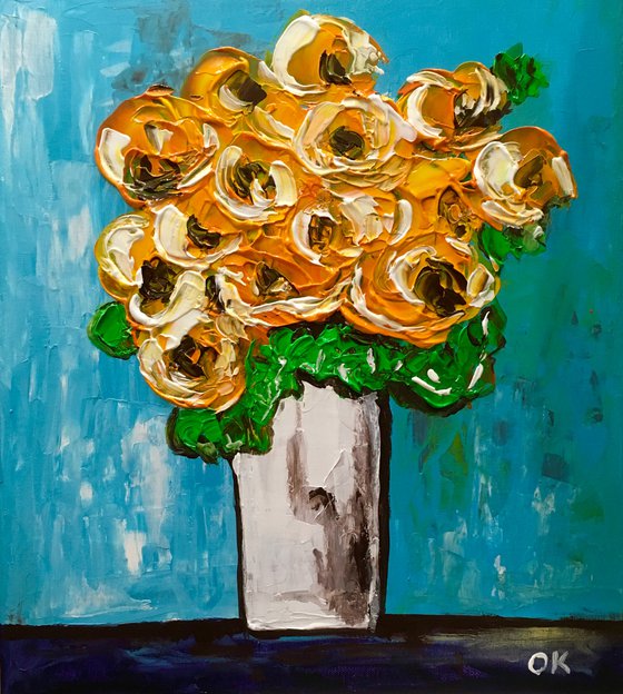 BOUQUET OF Yellow Roses  #8 palette  knife Original Acrylic painting office home decor gift