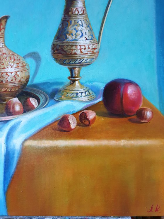 "A leisurely morning visiting Bahar. "   still life plums hazelnut  liGHt original painting PALETTE KNIFE  GIFT (2021)