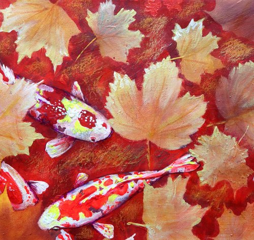 Yellow Leaves and Colored Koi Fish in Red Bottom Pool. by Rakhmet Redzhepov