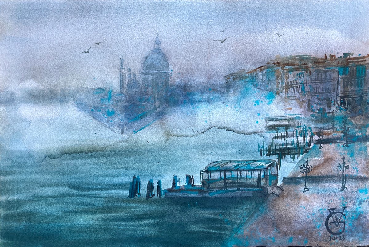 Photorealistic Cityscapes Watercolour By Valeria Golovenkina, 22 X 15", San Marco Basin - Foggy, Original Artwork