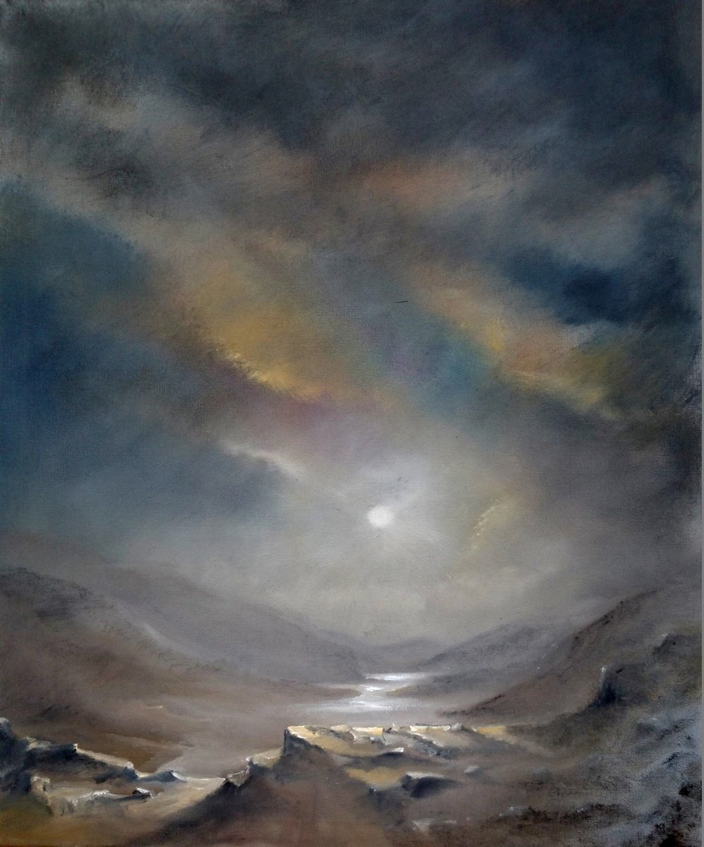 Impressionistic Landscape Oil Painting By Alan Harris, 20 X 24, Highland Moon, Original Artwork