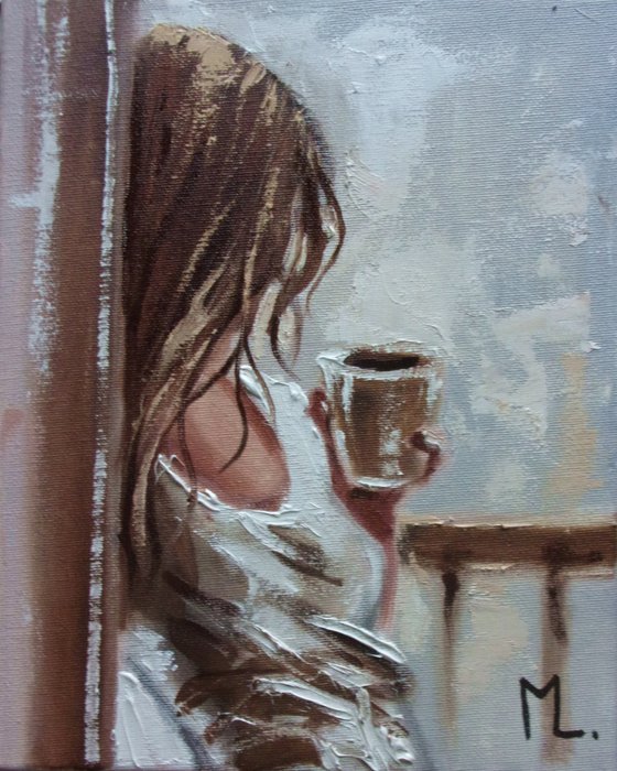 " COFFEE TIME " window liGHt  ORIGINAL OIL PAINTING, GIFT, PALETTE KNIFE