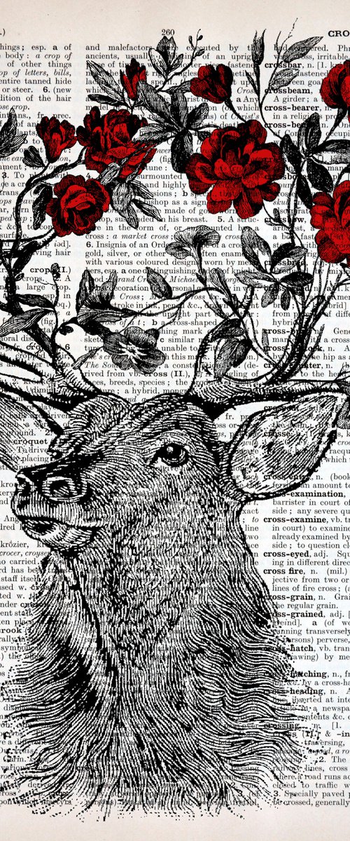 Deer Antler Flowers - Collage Art Print on Large Real English Dictionary Vintage Book Page by Jakub DK - JAKUB D KRZEWNIAK
