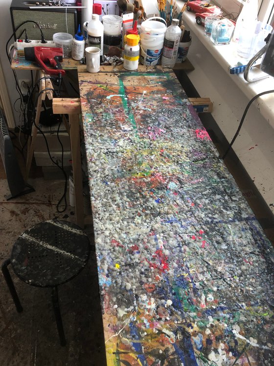 "Artist table" (117x51x2,8 cm) - Collectors item (abstract, gouache, original, painting, coffee, acrylic, oil, watercolor, encaustics, beeswax, resin, wood, fingerpaint)