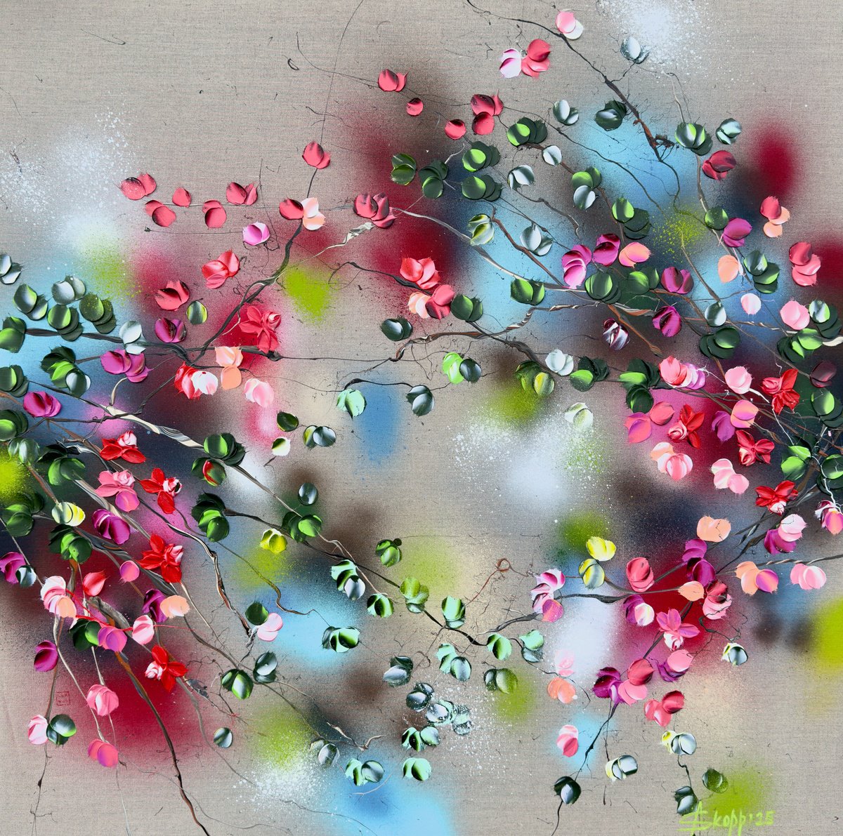 Impressionistic Botanical Acrylic Painting By Anastassia Skopp, 39 X 39, Zen Blossoms, Original Artwork