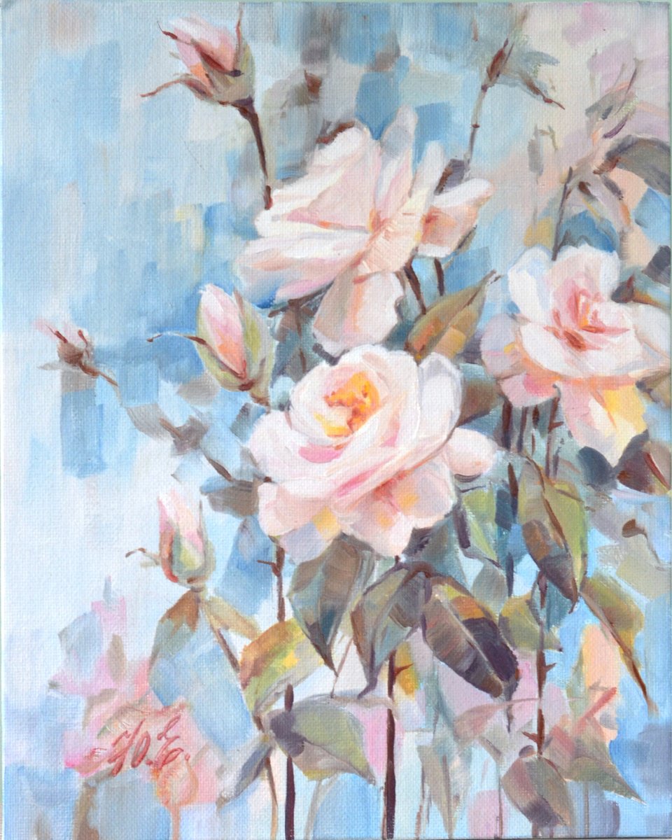 Light roses on blue by Yulia Evsyukova