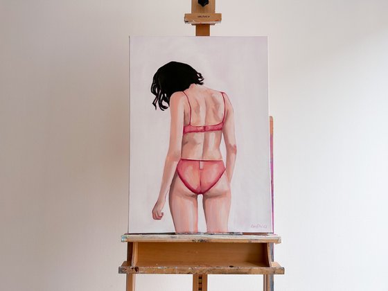 Girl in Pink Lingerie - Nude Erotic Female Figure Painting