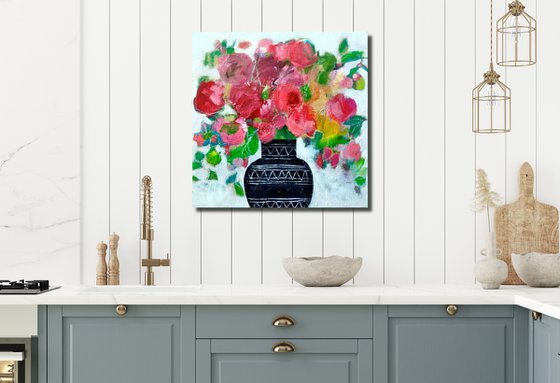 Roses in a Black Vase