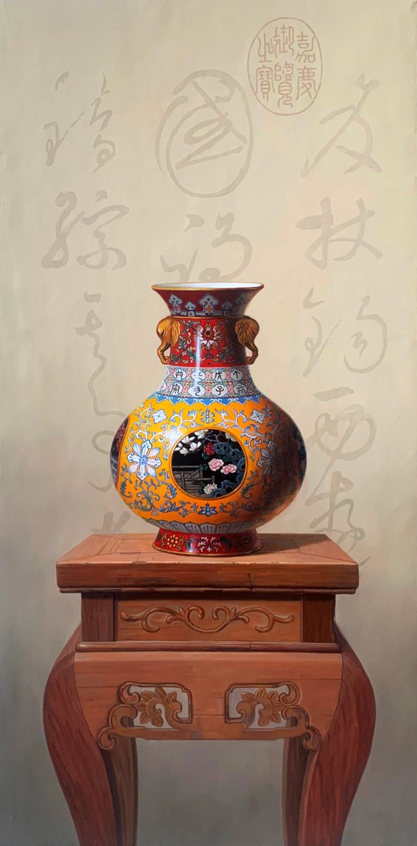 Photorealistic Still Life Oil Painting By Kunlong Wang, 20 X 39", Vase On Table C226, Original Artwork
