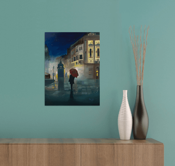 Night in the city with a red umbrella painting