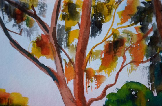 Sunset trees landscape original watercolor painting, Green and orange sunny forest