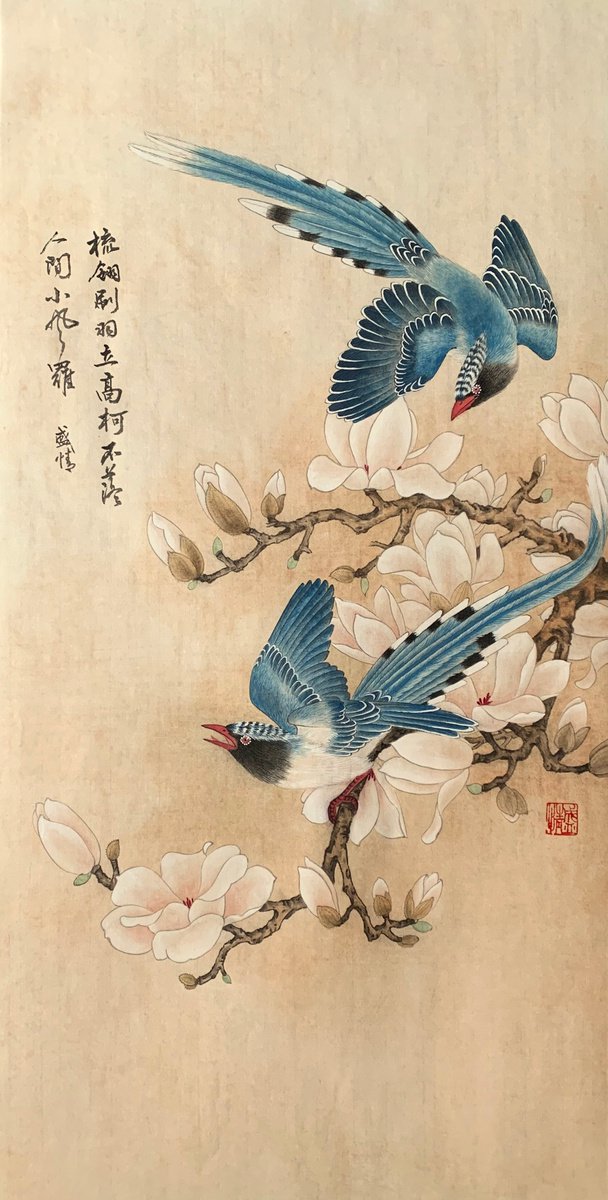 Magnolia Flower & Blue Magpies, Original Gongbi Brush Painting 