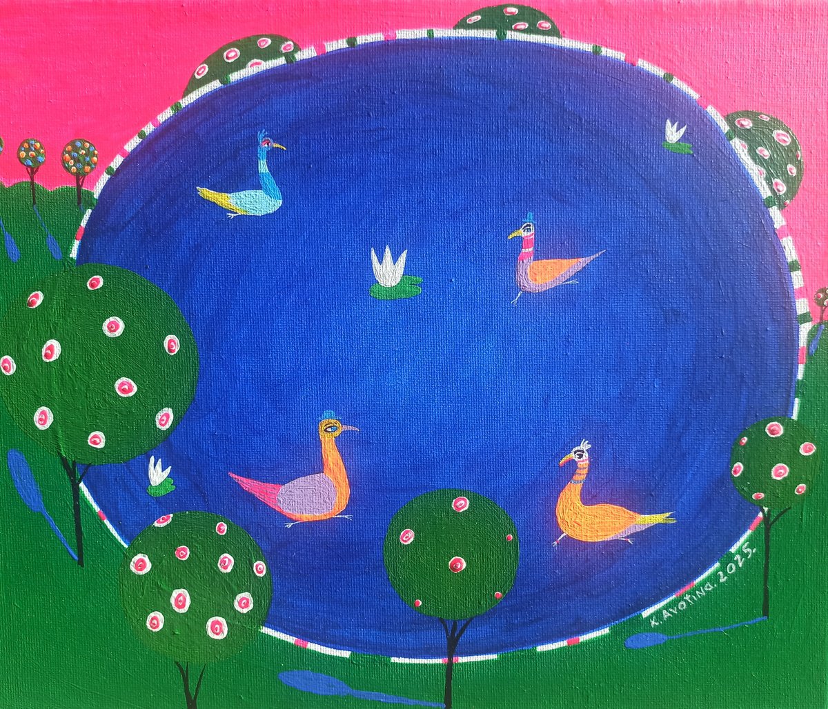 Impressionistic Animal Acrylic Painting By Katrina Avotina, 12 X 10", Water Lillies And Friends, Original Artwork