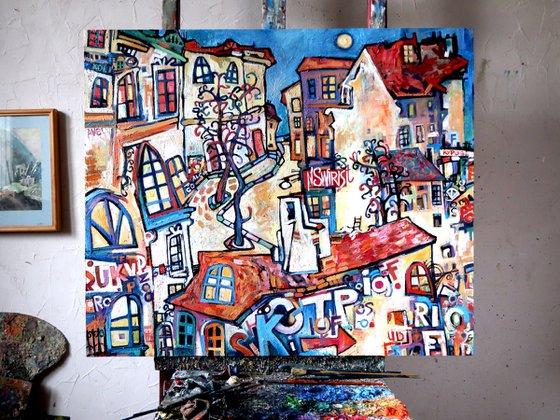 "Old city, moon and graffiti"